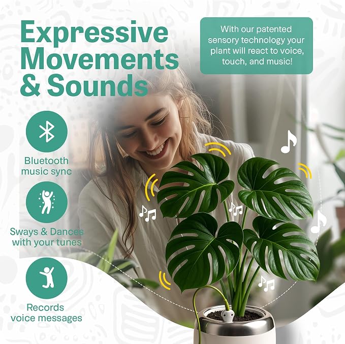 Smart Robotic Planter for 4” Potted Plants- Pure Ivory White | Interactive Moving & Dancing Flowerpot with Bluetooth Speaker | Touch Responsive for Real Indoor Plants | Custom Voice Record