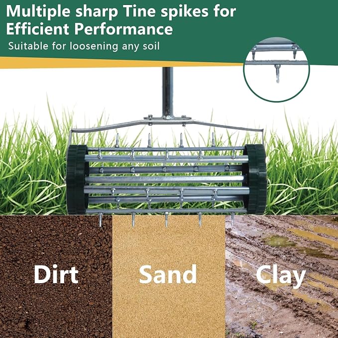 Heavy Duty Rolling Lawn Aerator - 3-Piece Steel Handle Push Spike Aerator for Garden & Yard, 57-Inch Manual Soil Aeration Tool for Grass Maintenance, Compacted Lawn Care