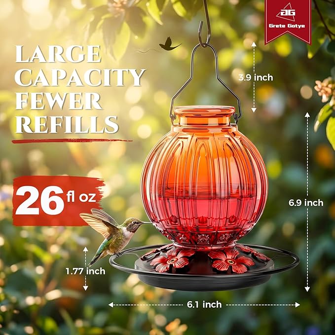 2 Pack Glass Hummingbird Feeder for Outdoors Hanging, Bird Nectar Feeder with Perch & 5 Flower Feeding Ports, 26 Oz Leak Proof for Outside Garden Decor Backyard, Gifts for Women Mom, Red + Orange Red
