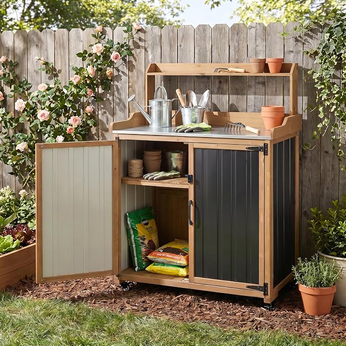 Outdoor Storage Cabinet with 4 Wheels and Handle, Metal & Wood Potting Bench Storage Cabinets with Waterproof Top, Removable Shelf, Potting Table & Workstation for Garden, Patio, Balcony, Garage