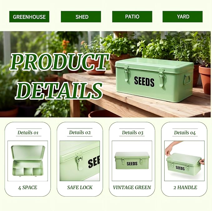 Seed Saving Box with 4 Compartments, Large Metal Seed Organizer Packet Container with Lid & Safety Locks, Garden Seed Storage Bin for Seeds with 50 Plant Labels, 20 Envelopes