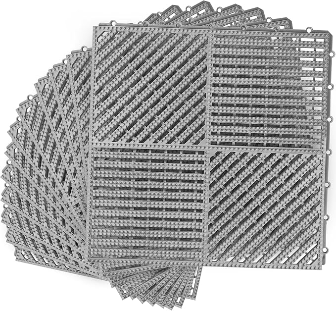 MYFAMIREA Modular Interlocking Cushion 12 Pack 11.8" x 11.8" Rubber Floor Tiles Non-Slip Splicing Drainage Mats for Deck, Pool, Shower, Patio, Balcony, Bathroom, Kitchen, Yard (2 Rows Dots, Gray)