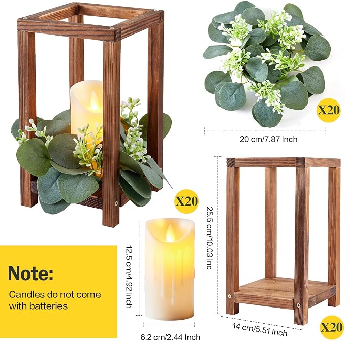 60 Pcs/20 Set Wooden Wedding Lantern Centerpiece-Wooden Candle Lantern Bulk Includes 20 Farmhouse Wooden Candle Holder 20 Flameless LED Candles 20 Eucalyptus Leaves Wreath for Decoration