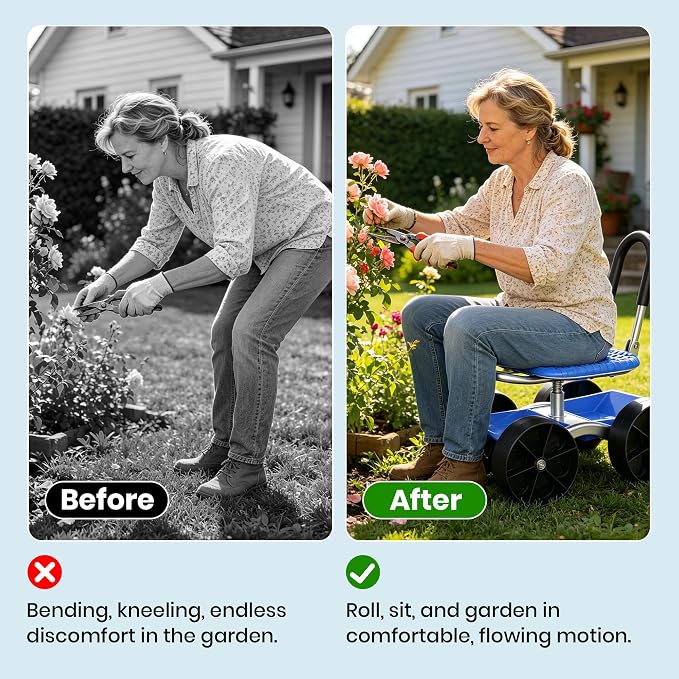 Rolling Garden Cart with 360° Swivel Seat, Garden Stool with Under-Seat Tray, 6” All-terrain Wheels, Height Adjustment, Use for Patio, Yard, and Outdoors, Gardening Gifts for Women, Parents, Seniors