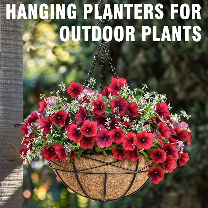4 Pack 12 Inch Hanging Planters for Outdoor Plants Metal Watering Flower Baskets with Coco Liner for Outside Panting Plant Holder Pot for Home Garden Porch Balcony Railings Decor