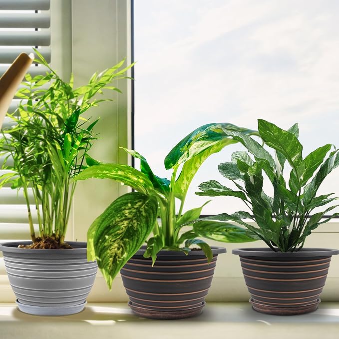 KPUVX 12 Inch Plastic Flower Pot for Indoor and Outdoor Plants, 3 Pack Large Planters with Drainage Holes & Saucers, Retro Antique Imitation Decorative Garden Pots