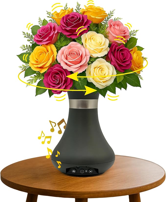 Interactive Robotic Charcoal Black Vase for Flower Bouquets | Bluetooth Capable, Touch Sensitive Floral Holder | Record a Message for Mother's Day, Birthdays, Anniversaries | 6x9 Inches