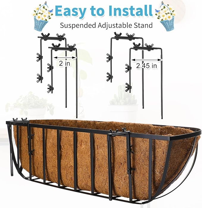Tessco for you 6 Pieces Railing Planter Boxes, 30 Inches Window Box Planters with Coco Liner and Adjustable Brackets for Deck Porch Fence Patio Balcony Gardening Outdoor Plants