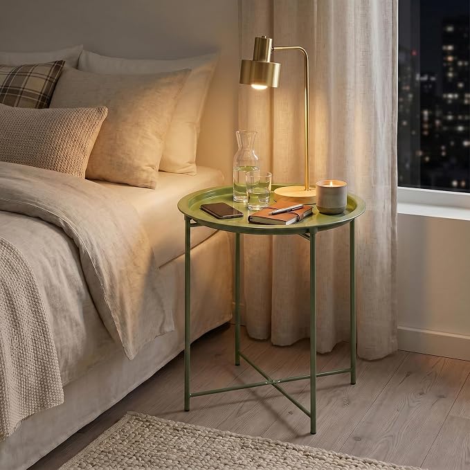 VECELO Side/End Table, Folding Round Metal Anti-Rust and Waterproof Outdoor or Indoor Tray for Living Room Bedroom Balcony and Office, 1 PCS, Dark Green
