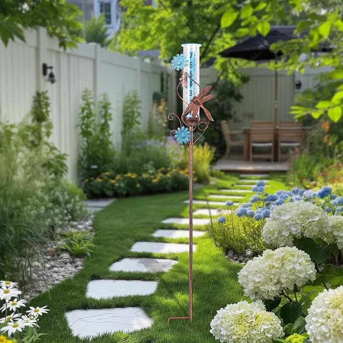 WONDER GARDEN Rain Gauge Outdoor, Decorative Rain Gauges Outdoors Best Rated with Dragonfly and Flower, Freeze Proof Water Rain Measure Gauge for Yard Patio Lawn Garden Decor