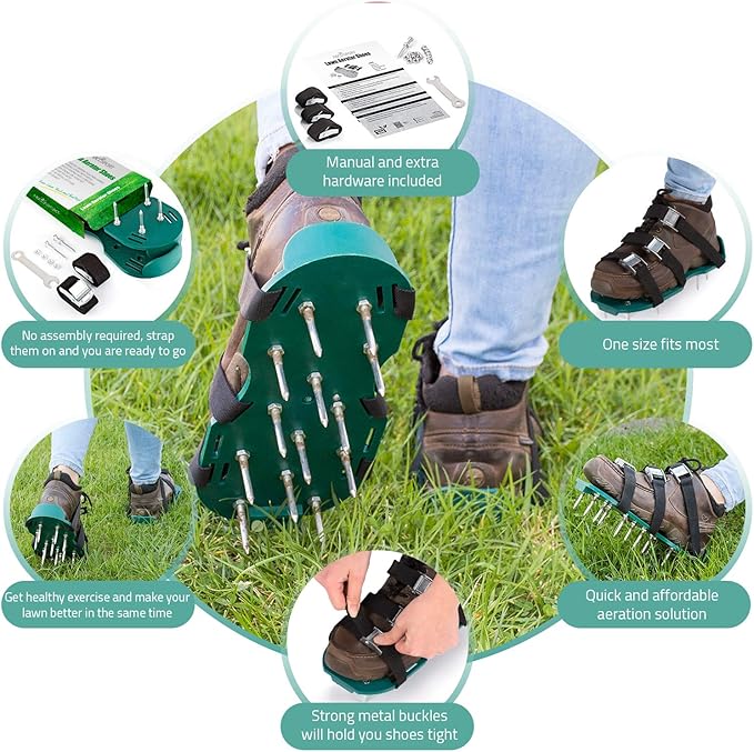 Abco Tech Lawn Aerator Shoes for Grass - Yard Aeration Tool with 3 Adjustable Straps and Heavy-Duty Metal Buckles - Aerating Shoes for Lawn Care, Grass Health, and Soil Ventilation