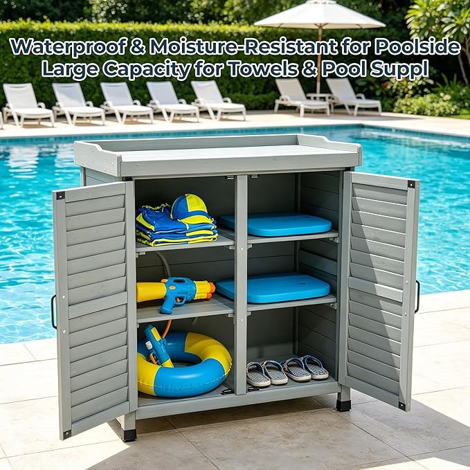 Outdoor Garden Storage Cabinet with Potting Bench, Wood Cabinet with Metal Top, Planting Workstation Table for Patio, Backyard and Garden Tools (Grey)