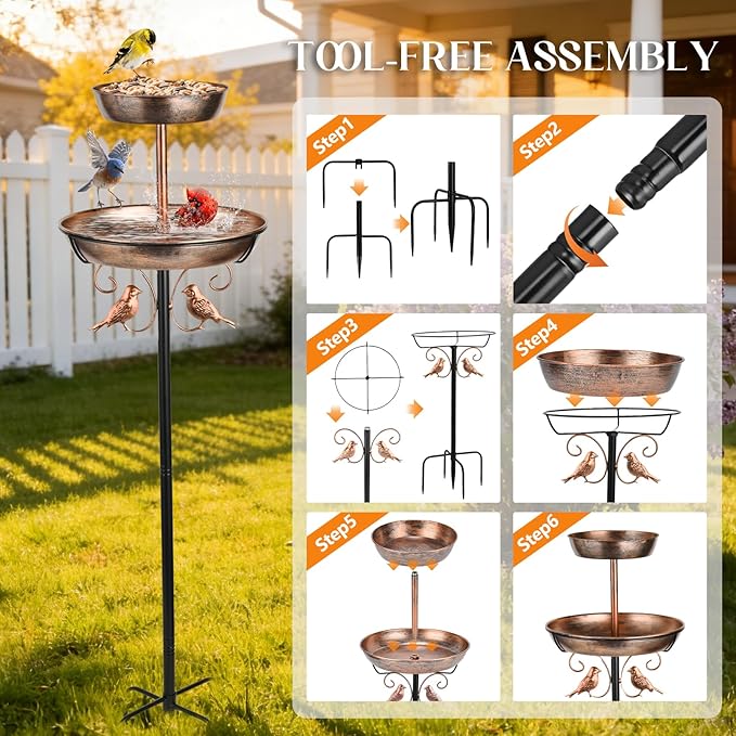 43" 2-Tier Metal Bird Bath and Feeder for Outdoor, 12" and 8" Dia Double Removable Bowl Bird Baths for Outside Standing Vintage Birdbath with Two Bowl Feeder, Garden Patio Lawn Decor