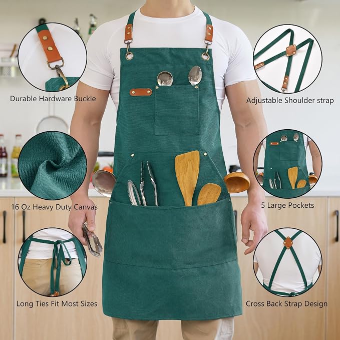 Aoomzoon Canvas Aprons for Men Chef Apron, Work Apron with Large Pockets - 16oz Heavy Duty Cross Back, BBQ, Cooking