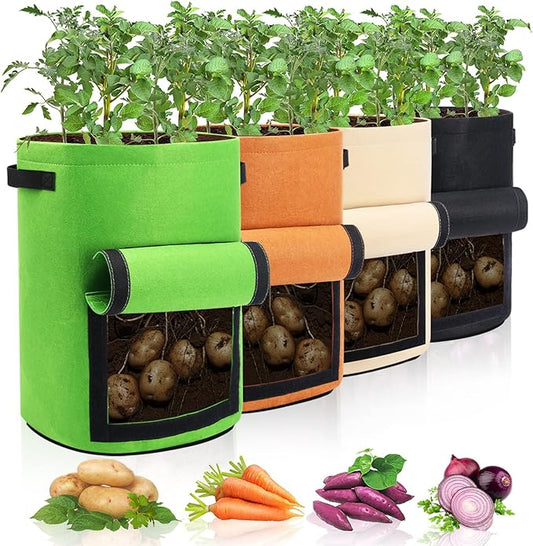Homyhoo 4 Pack Potato Growing Bag with Flap 10 Gallon Planter Pots with Handles and Harvest Window for Potato Tomato and Vegetables, Black Green Orange and Beige