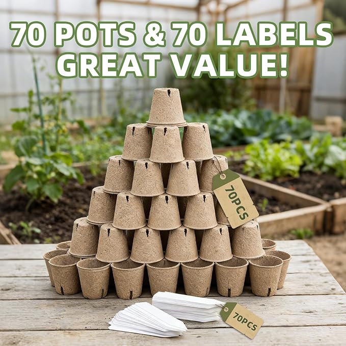CLEANGOR 70Pcs Biodegradable 3.15” Peat Pots with 70Pcs Plant Labels, Biodegradable Seed Starter Pots with Drainage Holes, Nursery Pots for Seedlings, Herbs, Vegetables, Flowers, Gardening Kit