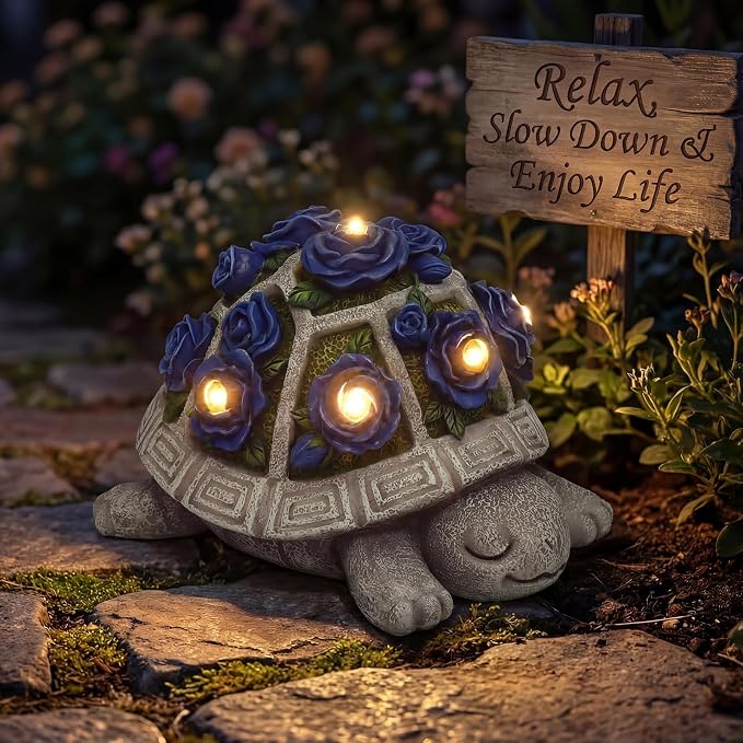 Solar Garden Outdoor Decor Turtle Statue with Dark Blue Roses & 7 LED Lights – Outside Tortoise Decor for Yard Patio Balcony & Backyard - Home House Decoration Art - Gift for Men Dad Women Mom