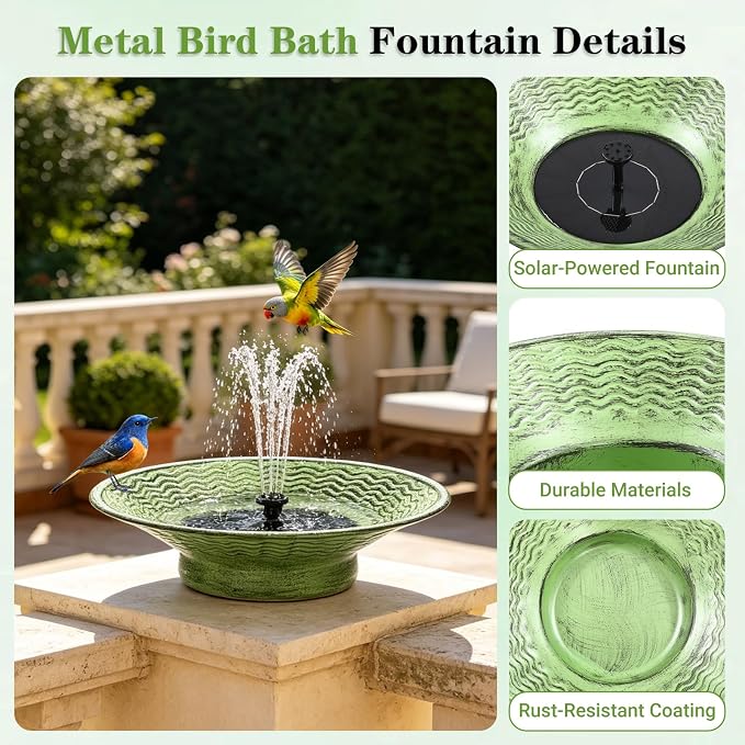Solar Bird Bath for Outdoors, Metal Solar Birdbath Fountain with 4 Nozzles, 12.4" Bird Bath Fountain for Outside Garden Patio Lawn Decor (Green)