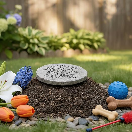 Landoraloria Pet Memorial Stone, 10” Cement Heart Stepping Stone, Outdoor Garden Remembrance Stone for Loss of Dog or Cat – “You Left Paw Prints on My Heart”