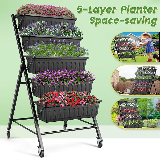 TEANDE Vertical Raised Garden Bed with Lockable Wheels, 5-Tier Elevated Planter Box w/Drainage System & 4 Hooks for Herbs Vegetables Flowers, Vertical Garden Planter for Patio Yard Indoor Outdoor