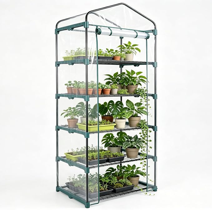 KOL 27x19x76 in PVC Cover 5-Tier Mini Greenhouse, Indoor Outdoor | Portable seed starter plant stand, winter orchid frost protection, apartment balcony patio