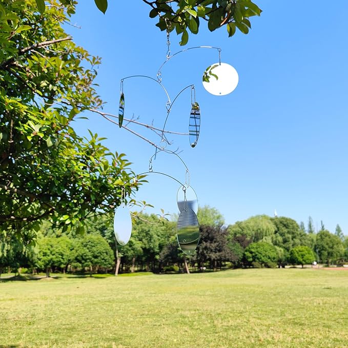 DIY Hanging Mirror Outdoor Mobile, Reflective Garden Decor, Wind-Chime Style Bird Deflector (FL-YKL-6CIRCLE)