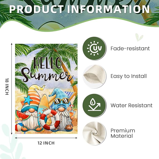 Hello Summer Garden Flags 12x18 Inch Double Sided, Cartoon Gnomes at The Beach Yard Decoration, Small Seasonal Outside Decor for Spring Outdoor Farmhouse Holiday