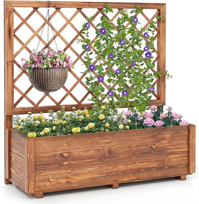 Giantex Raised Garden Bed Set 2 w/Trellis, Drainage Hole, 39”x14”x40” Wood Elevated Planter Box for Climbing Vine Flower Herb Vegetable Fruit, Planting Container for Indoor Outdoor Patio Balcony