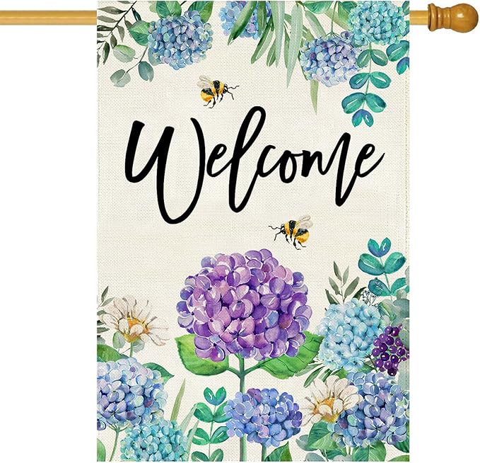 Baccessor Spring Summer Hydrangea House Flag Double Sided 28x40 Inch, Blue Purple Flower Floral Welcome Garden Flag Burlap Vertical Seasonal Farmhouse Yard Outdoor Decoration (Large)