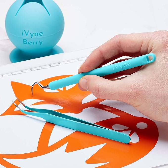 iVyne Berry and Silicone Weeding Tools - Suction Vinyl Weeder, Craft Tweezer, Scrap Collector Holder, Storage for Cricut, Silhouette Accessories - Blue