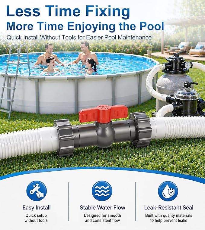 Pool Hose Connector with Valve, 1.5" to 1.5" Pool Hose Adapter Valve for Leak-Proof Dual Seal and Control Water Flow, Durable PP Material, Easy No-Tool Install for Above Ground Pools and Filter Pump