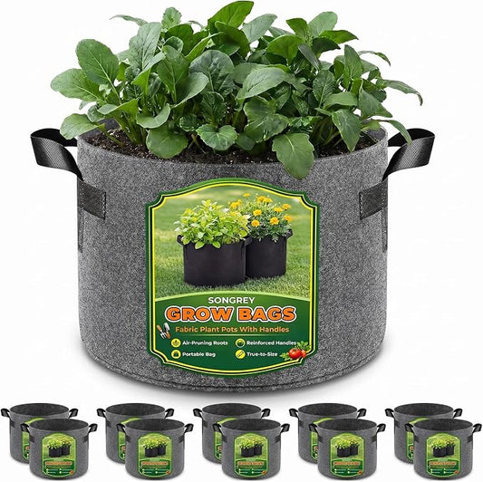 Songrey 10-Pack 10 Gallon Grow Bags, Thickened Nonwoven Fabric Pots with Handles, Heavy Duty Garden Planter for Tomato, Vegetables and Flower