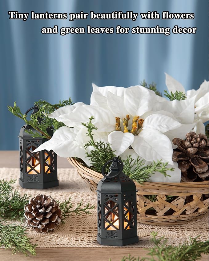 12-Pack Mini Lanterns with Flickering LED Candles for Ramadan, Moroccan Decorative Hanging Lanterns for Halloween, Christmas, Wedding, Black Lantern for Table Centerpiece, Home & Party Decor