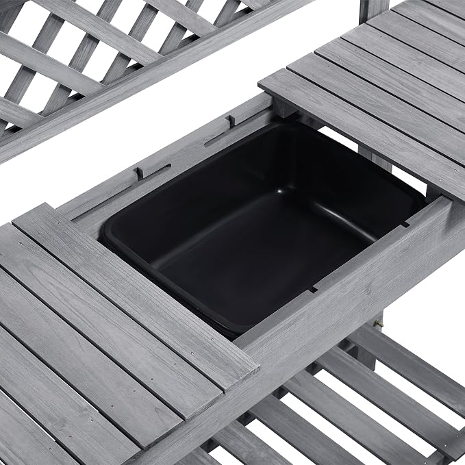Topeakmart Potting Table Wood Workstation Table w/Sliding Tabletop w/Removable Dry Sink Storage Shelves Outdoor Garden Work Benches Station Planter Bench for Backyard Patio Gray