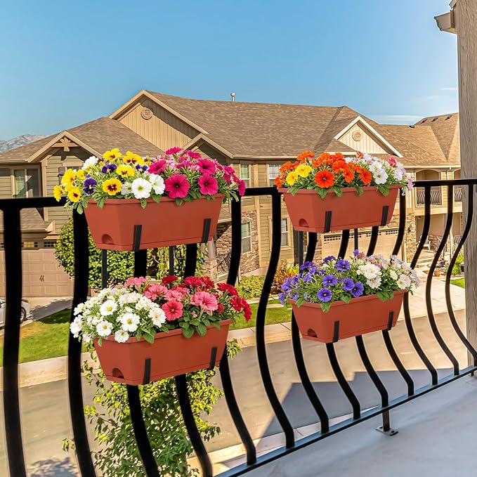 Railing Planter Boxes 17 Inches Rectangular Window Box Planters with Flower Box Brackets 2 Tier Adjustable Balcony Planters for Indoor Outdoor Herb Plants Hanging Porch Fence Rail