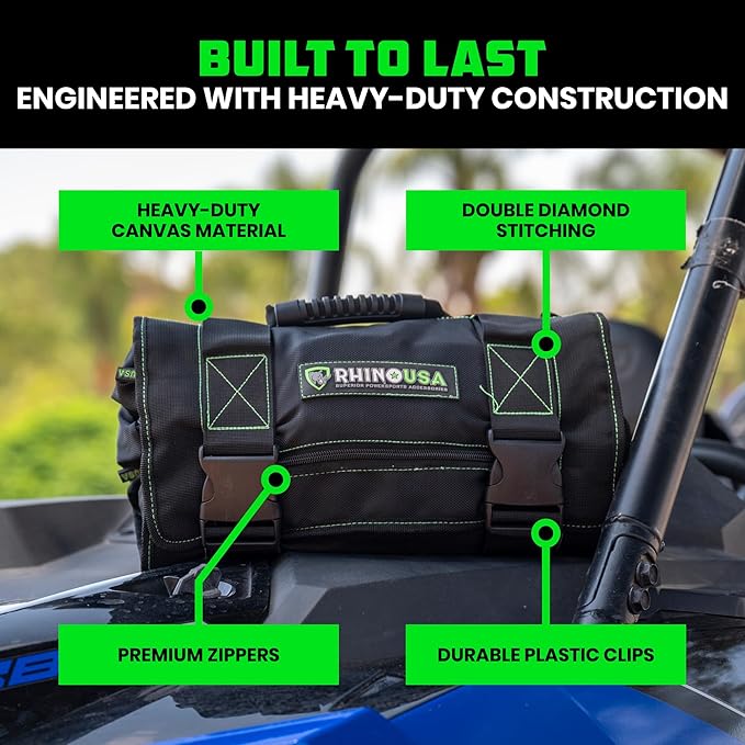 Rhino USA Tool Bag Roll - Heavy Duty Canvas Organizer Pouch for Tools - Ultimate Travel Tool Storage Kit for UTV, Car, Truck, 4x4 Offroad - Upgraded with Labeled & Removable Pouches - Secured for Life