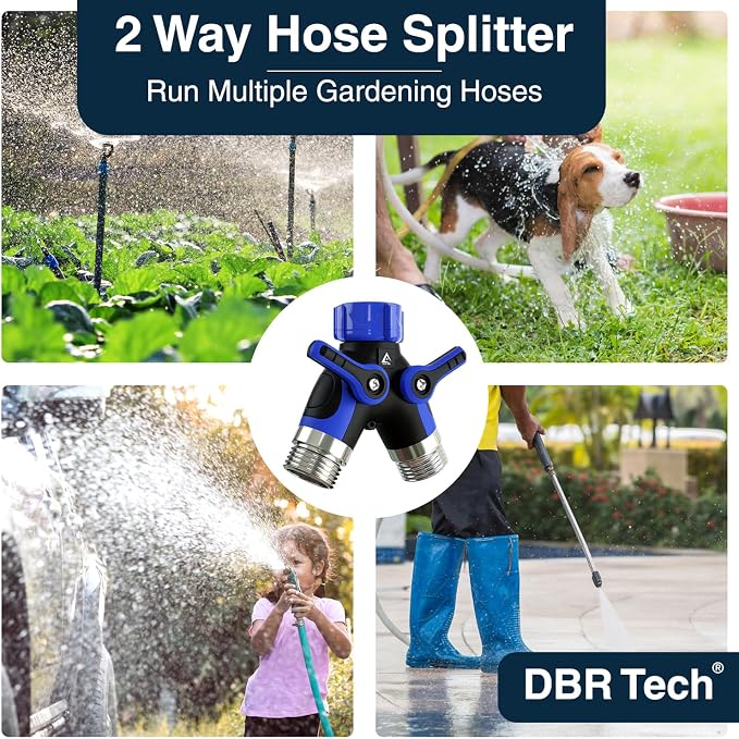 DBR Tech® Hose Splitter 2 Way, Heavy Duty Metal Connector, Two Way Garden Hose Splitter, High Flow Spigot Faucet Bib Adapter, Solid Double Y Shut Off Valve for Outdoor Gardening Hoses, Blue