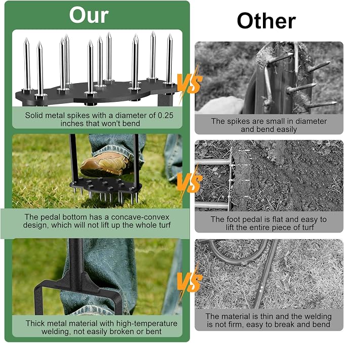 Manual Lawn Aerator Tool with 11 Steel Spikes, Easy Step-On Soil Aerator for Yard & Garden, Heavy Duty Lawn Spike Aerator with Foot Bar & T-Handle, Improve Drainage & Thicker Grass