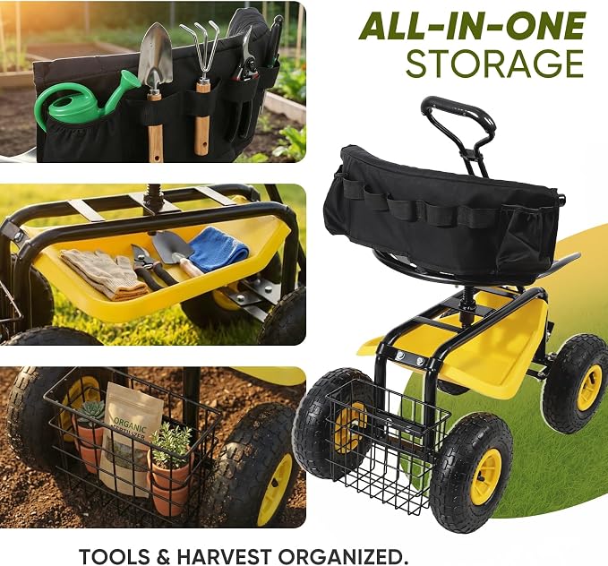 Sekey Garden Cart Rolling Workseat with Backsupport & 360° Swivel Seat, Heavy Duty Garden Scooter with Adjustable Height, Tool Tray, All-Terrain Wheels, 440 lbs Capacity for Seniors & Gardeners