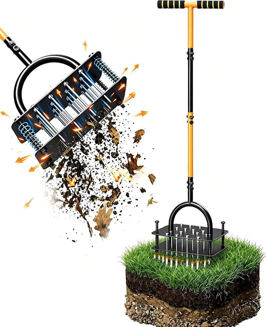 Lawn Aerator Tool, Manual Core Aerator for Lawn with 16 Spikes Spring Base, Automatic Soil Ejection, Pre-Assembled Yard Grass Aerator, Metal Grass Aerator for Yard