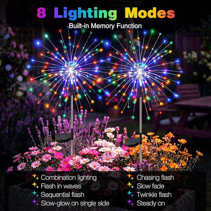 btfarm 4 Pack Solar Garden Lights Outdoor 8 Modes, 120 LED Firework Lights Solar Powered, Waterproof Twinkle Fairy Light Outside for Yard Pathway Lawn Pool Patio Christmas Decorative, Multicolor