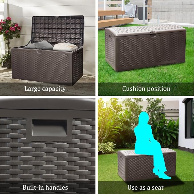 90 Gallon Outdoor Storage Box Waterproof, Lockable Resin Deck Box Large Storage Bin for Patio Furniture Cushion, Garden Tools, Pool Accessories, UV-Resistant Outside Delivery, Brown