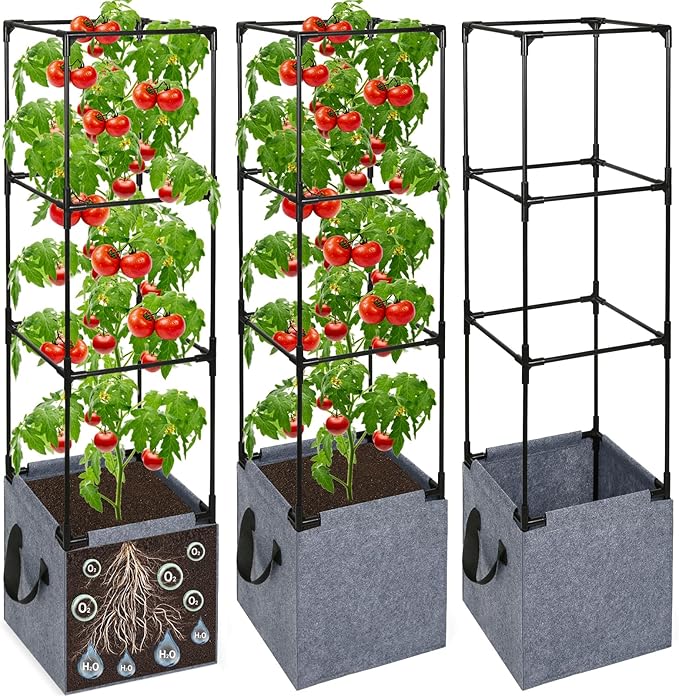 Qinzave 3 Pack Square Tomato Cages with Grow Bags, 42.5 Inch Stable Square Tomato Planter Support Stakes Kit for Garden, Tomato Cages Trellis Pots for Spring Climbing Vegetables Fruits Vines Flowers