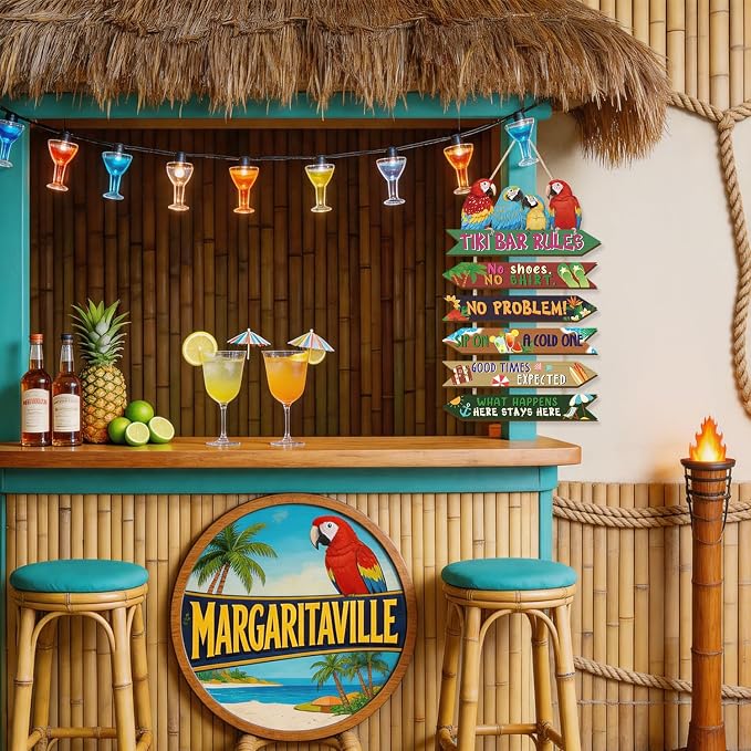 HOURIA Tiki Bar Decor, Wooden Summer Beach Tiki Bar Sign for Outside Patio Home Pub Pool Backyard,Funny Hawaiian Luau Tropical Party Decorations,11.4“X18.5”