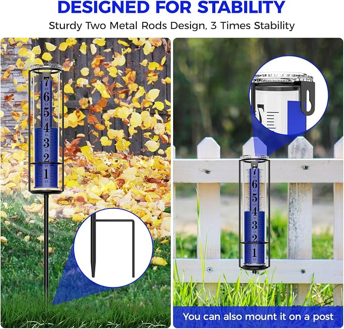 Upgraded Rain Gauge, Really Freeze Proof Rain Gauge Outdoor Best Rated, Large Clear Numbers Rain Gauges for Yard with Stake, Adjustable Height Rain Measuring Tool for Garden, Lawn, Easy to Use