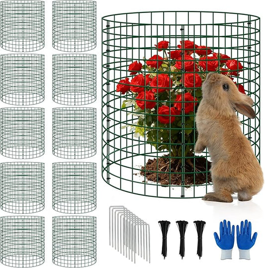 10 Pack Plant Protectors from Animals, 12''x14'' Metal Plant Cages for Outdoor Plants, Garden Plant Protector with Stakes & Zip Ties, Keep Rabbits Squirrels Out, Plant Cage for Flowers Vegetables
