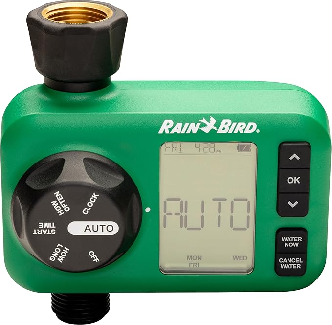 Rain Bird HET100 Electronic Digital Hose End Watering/Irrigation Timer, Battery Operated, 3/4" Garden Hose Thread, Heavy-Duty Brass Inlet, 1 Outlet/Port