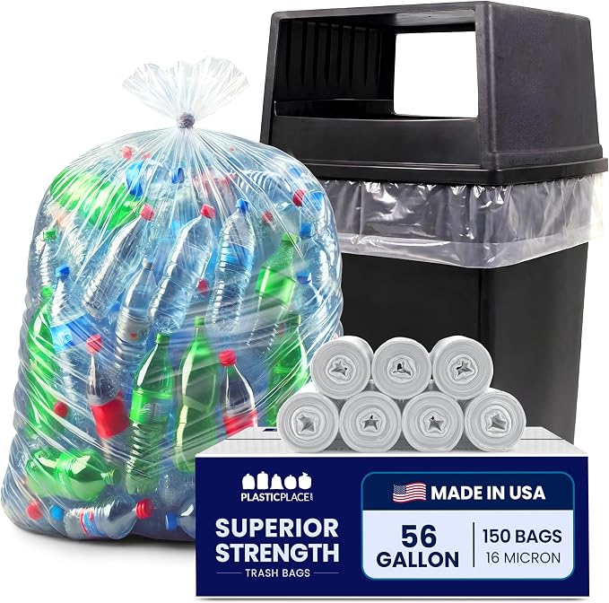 Plasticplace 56 Gallon Trash Bags - Clear High Density Garbage Bags - Heavy Duty, Scent-Free, Large Trash Can Liners for Kitchen, Commercial, & Garden Use 16 Microns, Leak-Proof, 43" x 48" (150 Count)