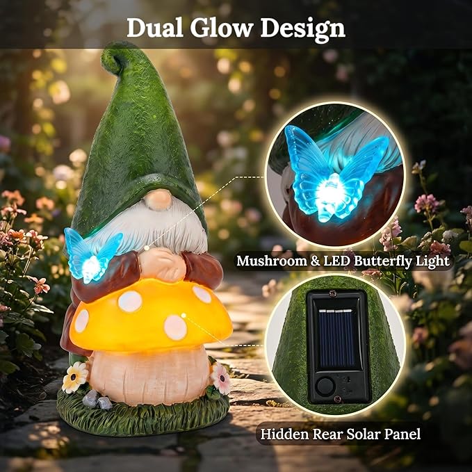 Solar Garden Gnome Statue with Glowing Mushroom & Butterfly Light, 9" Resin Solar Gnome Outdoor Waterproof LED Garden Decor for Yard Lawn Patio Pathway, Cute Garden Gnome Gift for Dad Father’s Day