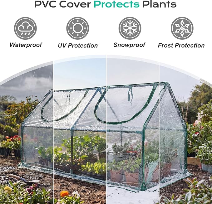 BPS 4x2x2 ft Mini Greenhouse with Transparent PVC Cover UV-Protected Roll-Up Zipper Windows, Ideal for Indoor or Outdoor Use on Raised Garden Beds
